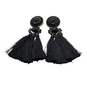Earrings Black Bohemian Fringe Dangle Tassel Statement Pierced Fashion SKU 3048